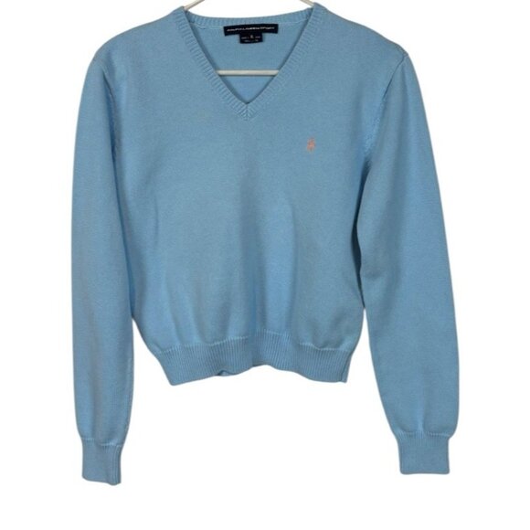 Vintage Ralph Lauren Sport Cotton V Neck Sweater Womens XL Blue Logo Preppy - Picture 1 of 5